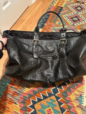 Black Ostrich-Effect Leather Weekender Tote